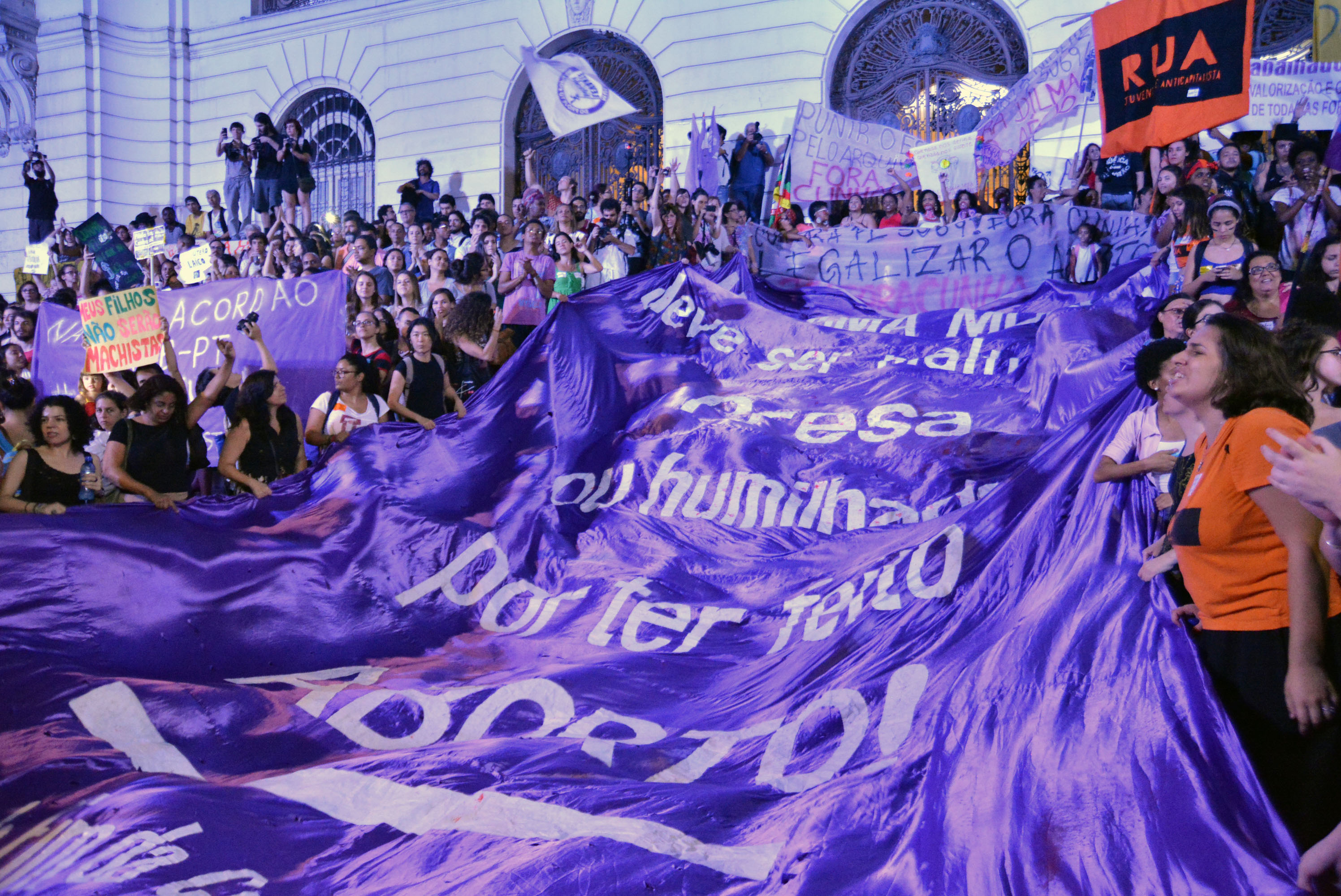 Women protest against proposed changes to the abortion law, which would affect rape victims, at a Women’s Spring event titled “Women Against Cunha [the author of the original draft amendment to the country’s abortion laws] ” on November 12