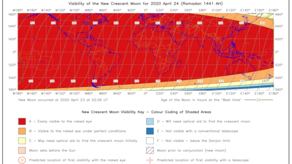 Visibility patterns of the new crescent moon on April 24