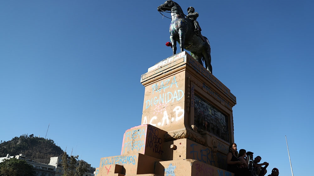 A view of an almost empty Plaza Italia, now known as Plaza de la Dignidad (Dignity Square), following the outbreak of the coronavirus disease (COVID-19), in Santiago, Chile