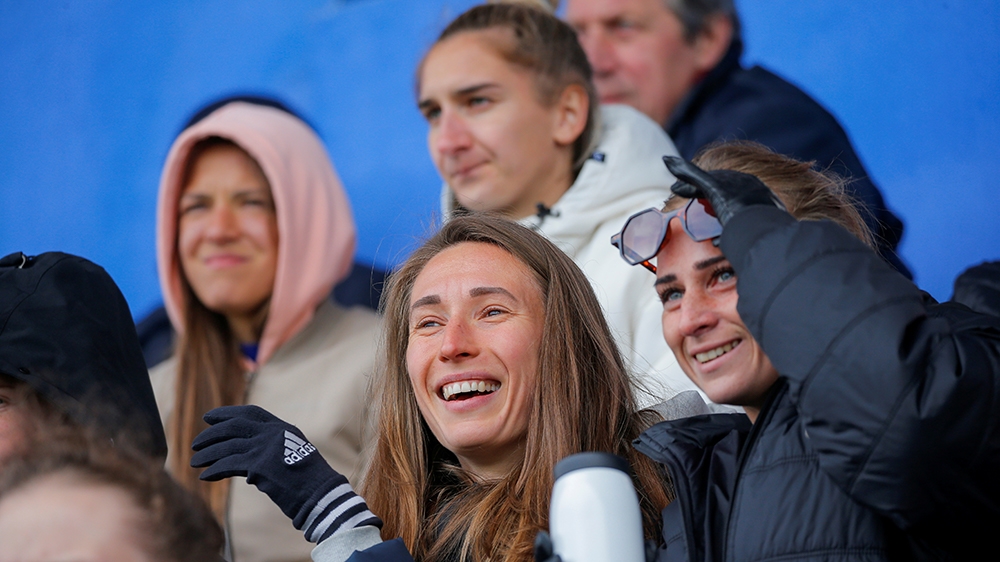 Anastasiya Kharlanova (C), a soccer player of FC Minsk, watches the match of Belarusian Women’s Vysheyshaya Liga, despite most sport events being cancelled around the world, following the outbreak of the coronavirus disease (COVID-19), in Minsk Belarus April 30, 2020