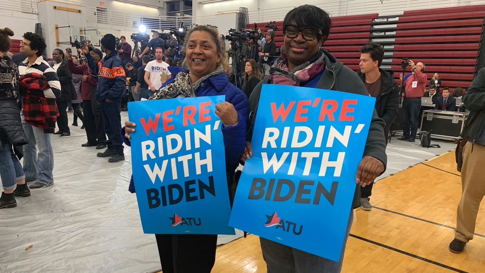 Supporters from the Amalgamated Transit Union that endorsed Joe Biden at his rally in Detroit, Michigan on March 9, 2020
