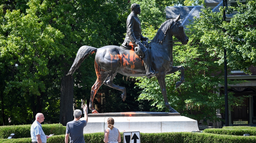 The monument to Confederate soldier John B Castleman in Louisville was painted with graffiti by protesters