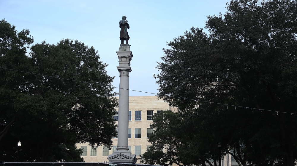 A Confederate monument featuring a statue of a Confederate soldier is seen in Hemming Park in Jacksonville, Florida